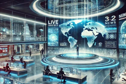 DALL·E 2024 09 13 13.05.12 A futuristic newsroom filled with large digital screens displaying live global updates and breaking news from different parts of the world. The room h